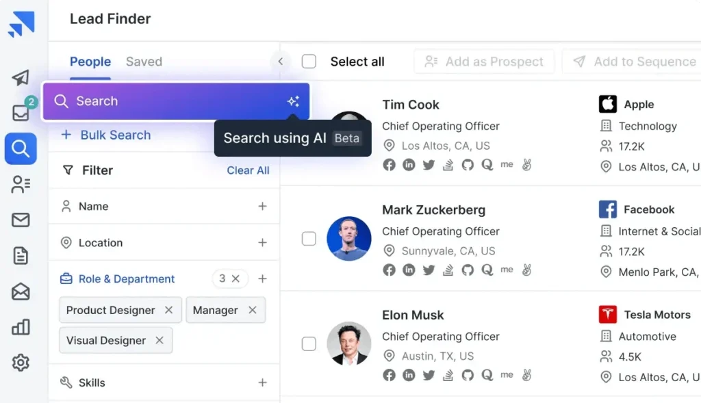 Lead finder feature in Saleshandy for prospecting